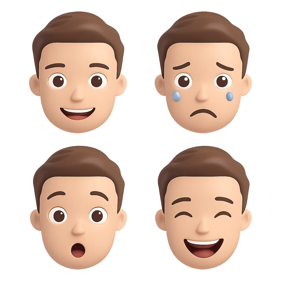 Create a set of emoji faces from this 3D cartoon male character in a Bitmoji-like style. Include happy, sad, surprised, and laughing expressions. The emojis should be suitable for emoji use with a transparent background. sticker