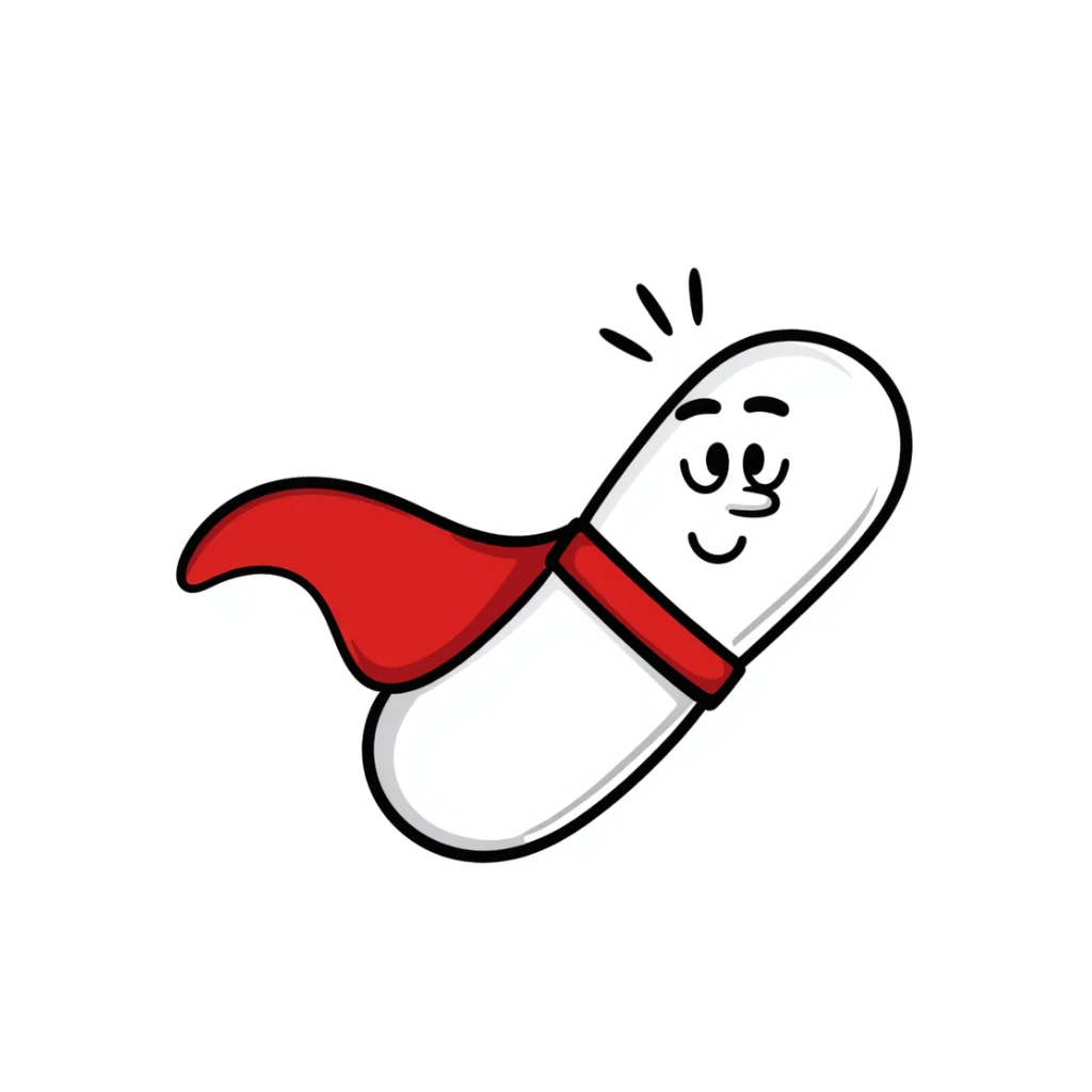 Sketchy medicine pill with cape flying like a superhero sticker