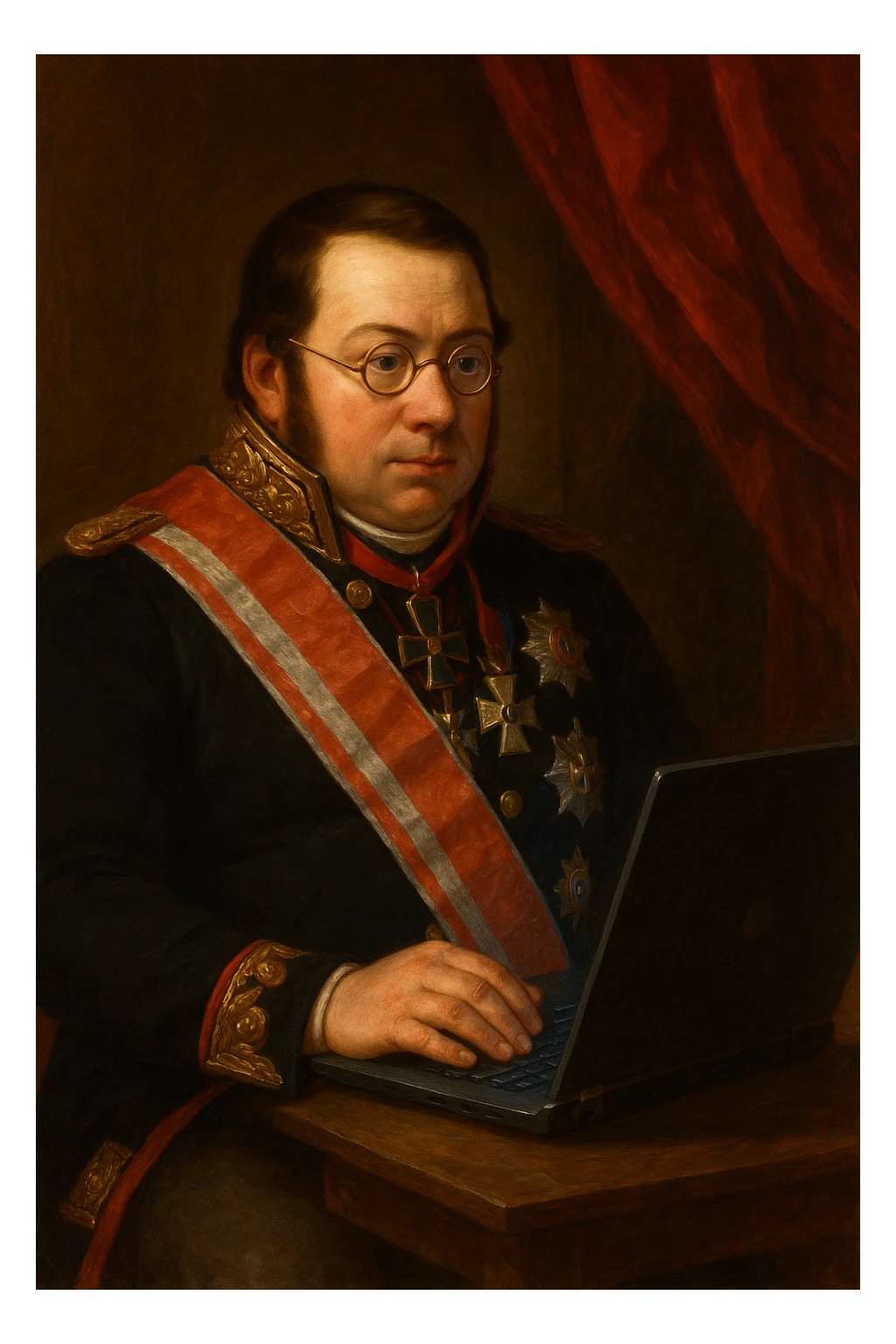 Павел Николаевич Демидов сидит за ноутбуком и что-то изучает в мониторе, рисованный стиль sticker