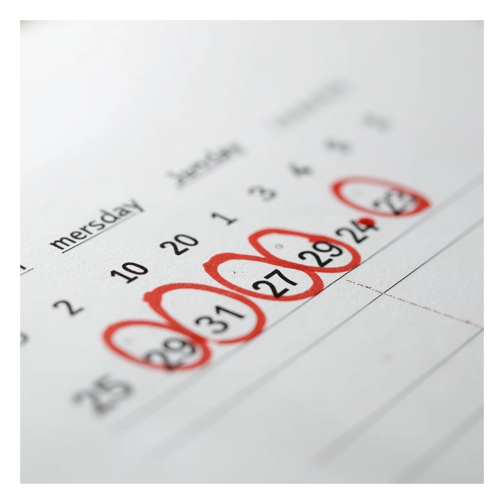 hyperrealistic calendar page in 4K with seven consecutive days circled in red, no background, photorealistic style, sharp details sticker