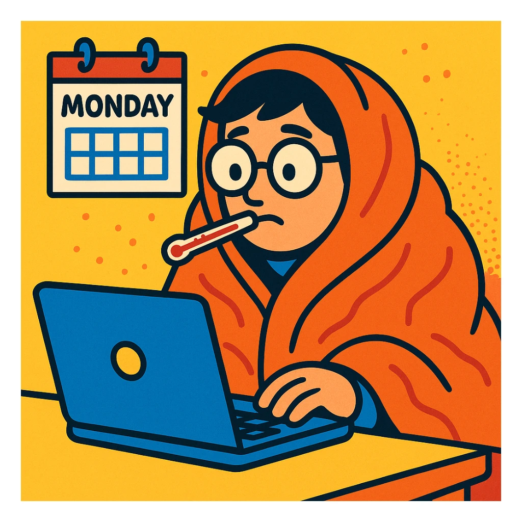 A programmer with a thermometer in mouth, wrapped in a blanket, laptop open, Monday calendar in background, vibrant toon style sticker