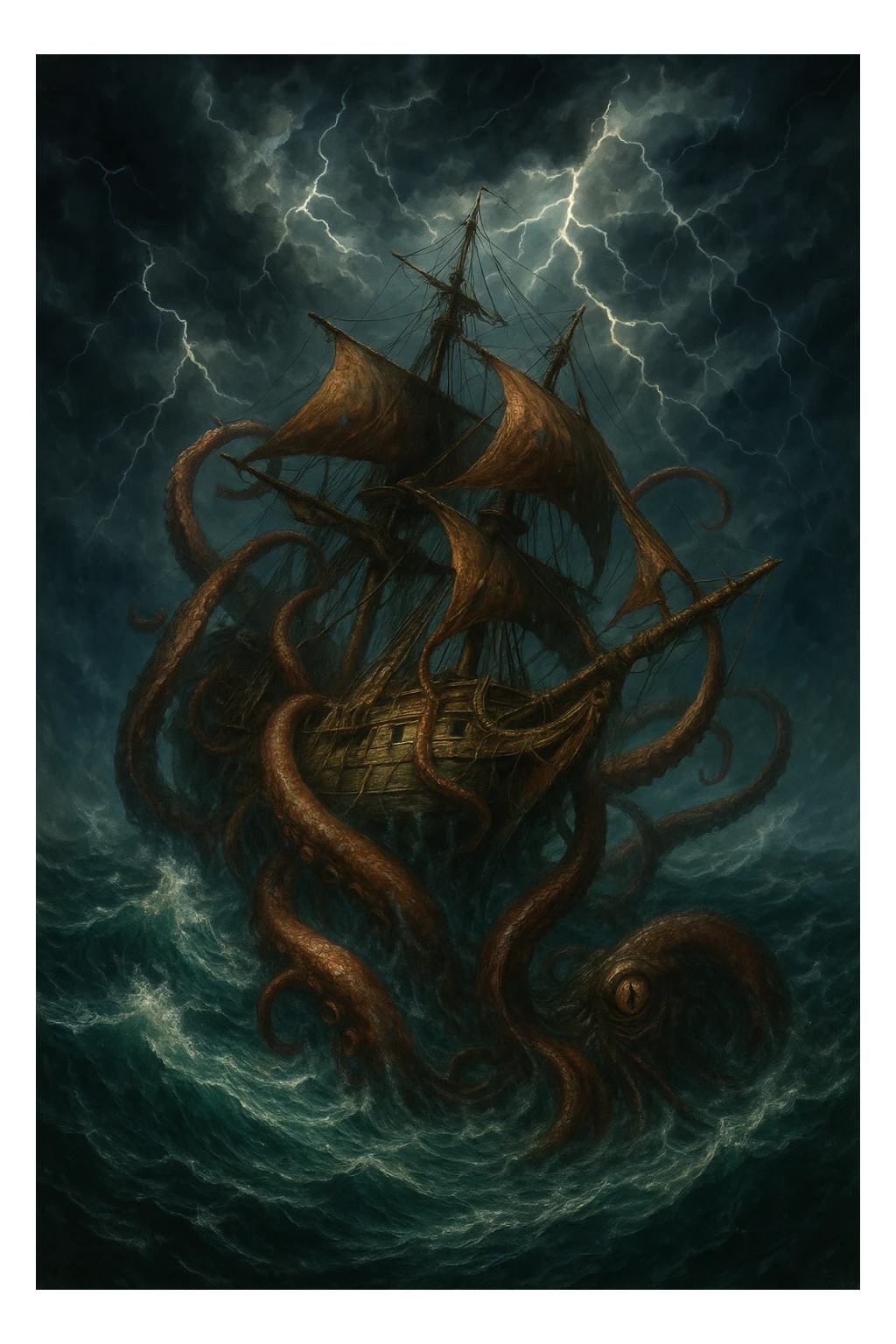 A pirate ship being pulled underwater by a monstrous kraken, stormy sky, detailed fantasy art sticker