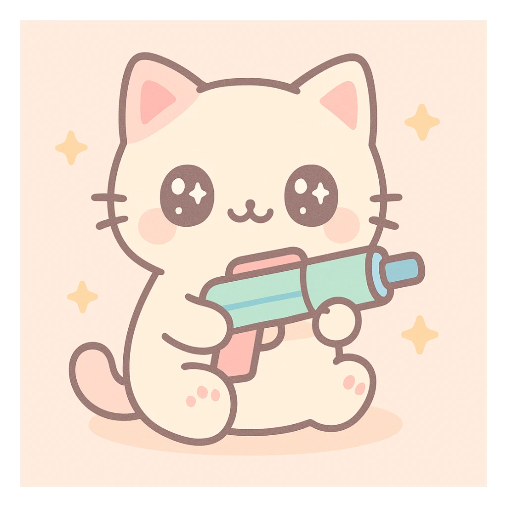 a cute cat with a toy gun, kawaii style sticker