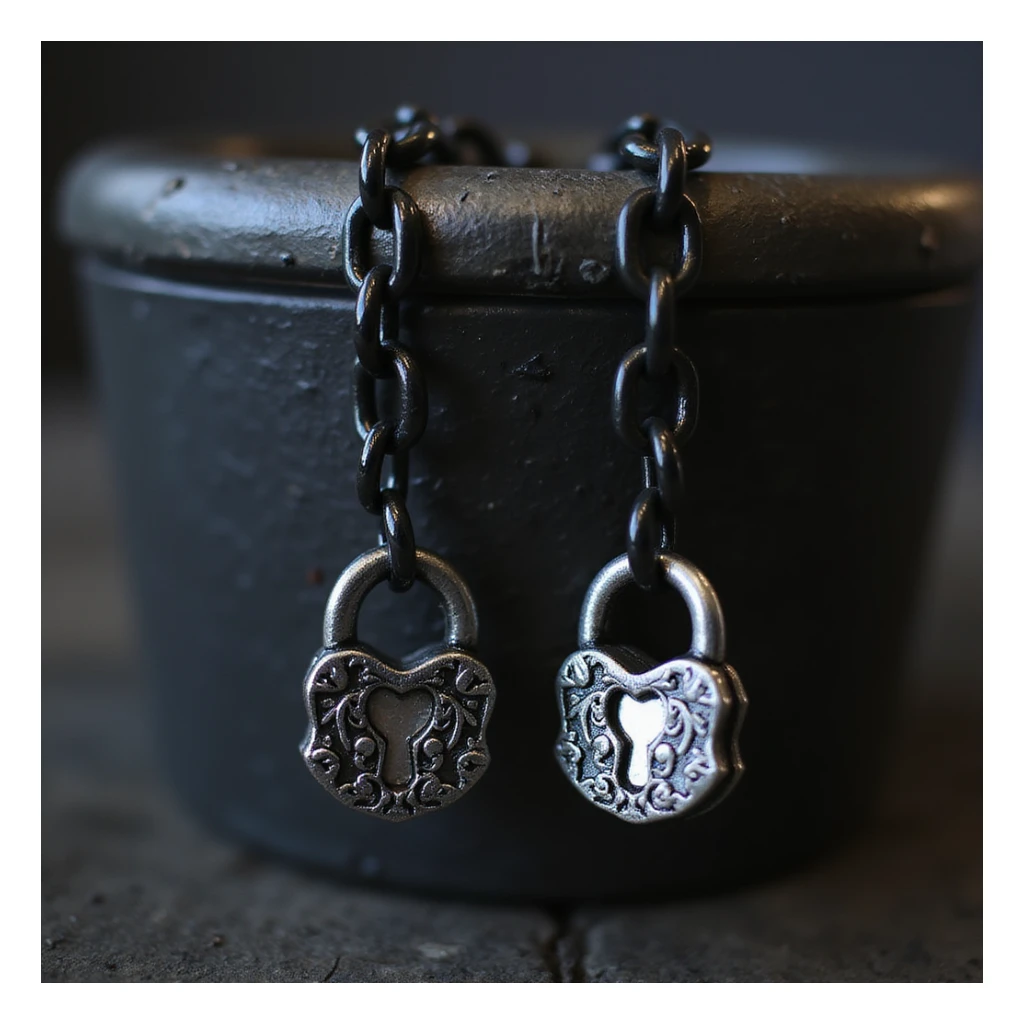 realistic goth earrings, black chain with padlock, punk gothic, metallic shine sticker