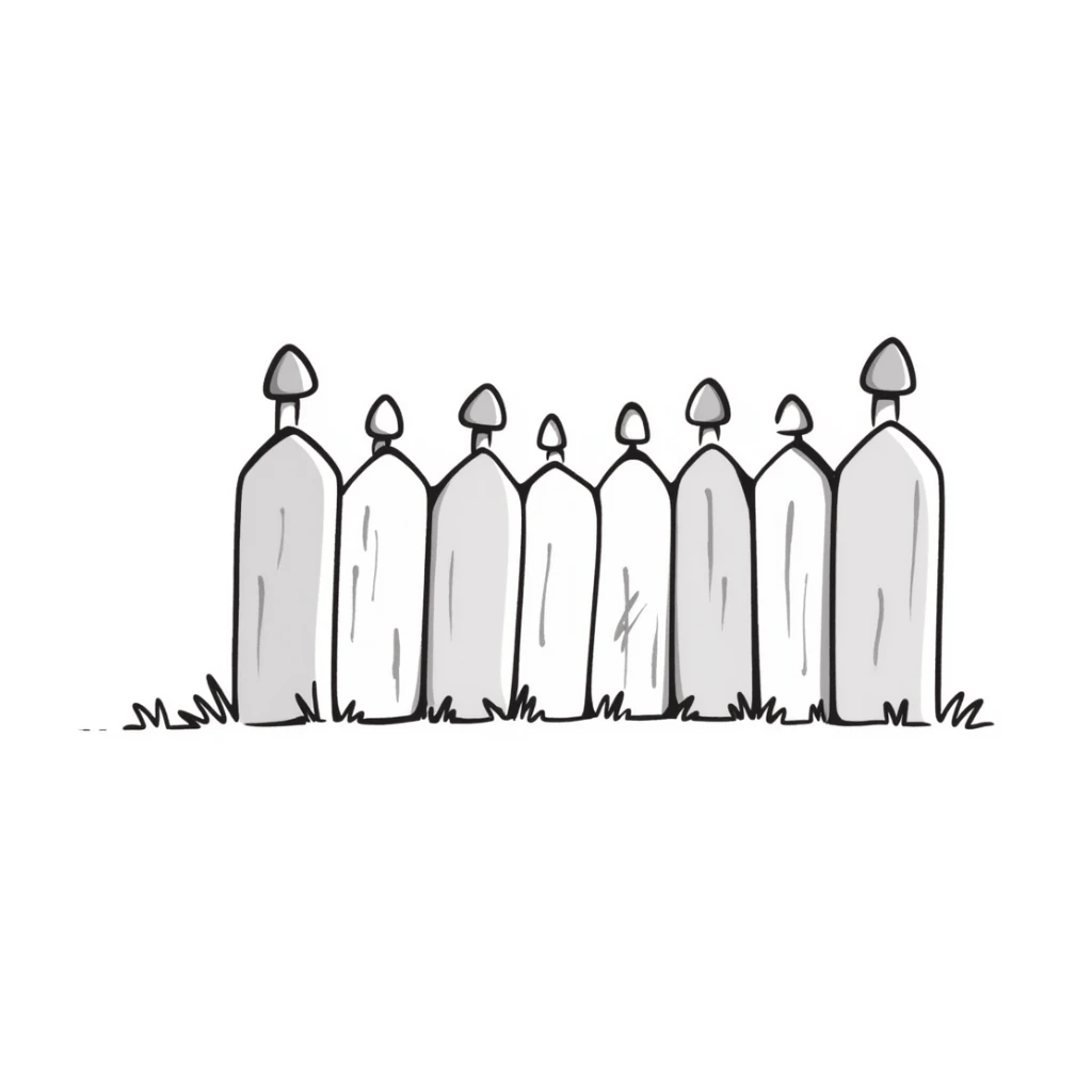 A wooden garden fence with decorative posts in pastel colors (dd9fb0, ffc6d3, a3bfc9, c4bee2, f1b091), hand-drawn doodle style sticker