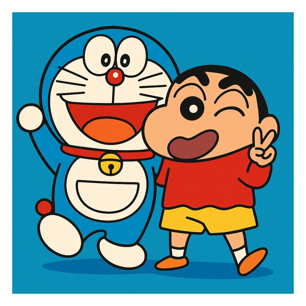 Doraemon and Shinchan together, playful pose, vibrant cartoon style sticker