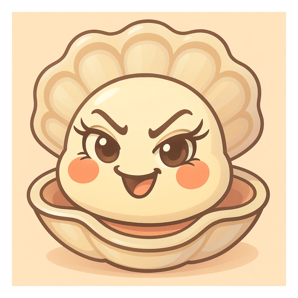 Enhance the oyster's eyes to be even more expressive and luminous with long, curved eyelashes. Maximize the pastel, pearly, cream, peach, and greige nuances. Keep the shell large and the oyster small. Maintain the pastel toon style, the background, and the mischievous expression. sticker