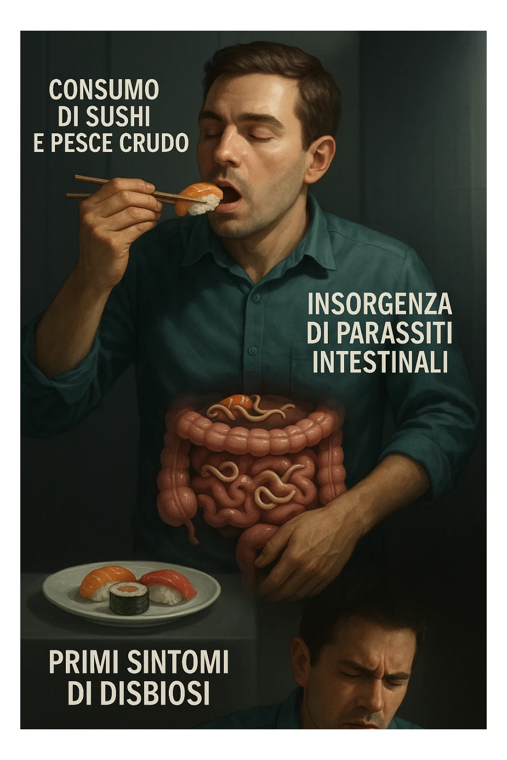 vertical realistic illustration of a man consuming sushi and raw fish, with a visual progression showing the onset of intestinal parasites and early symptoms of dysbiosis, clinical atmosphere, dramatic lighting, Italian captions, aspect ratio 2:3 sticker