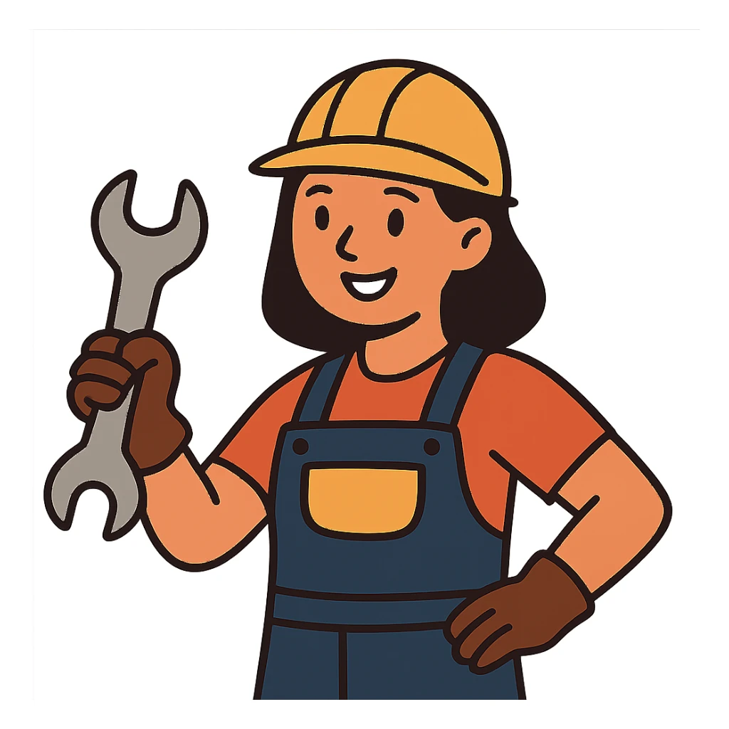 flat toon style woman construction worker smiling, holding a wrench, no background sticker