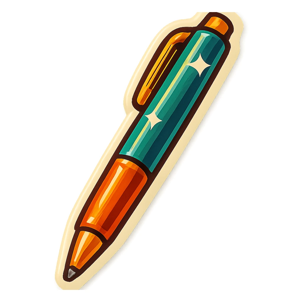 long ballpoint pen, retro stickers style, soft rounded shapes, expressive contours, vintage color palette, light paper texture, shadows and highlights, transparent background sticker
