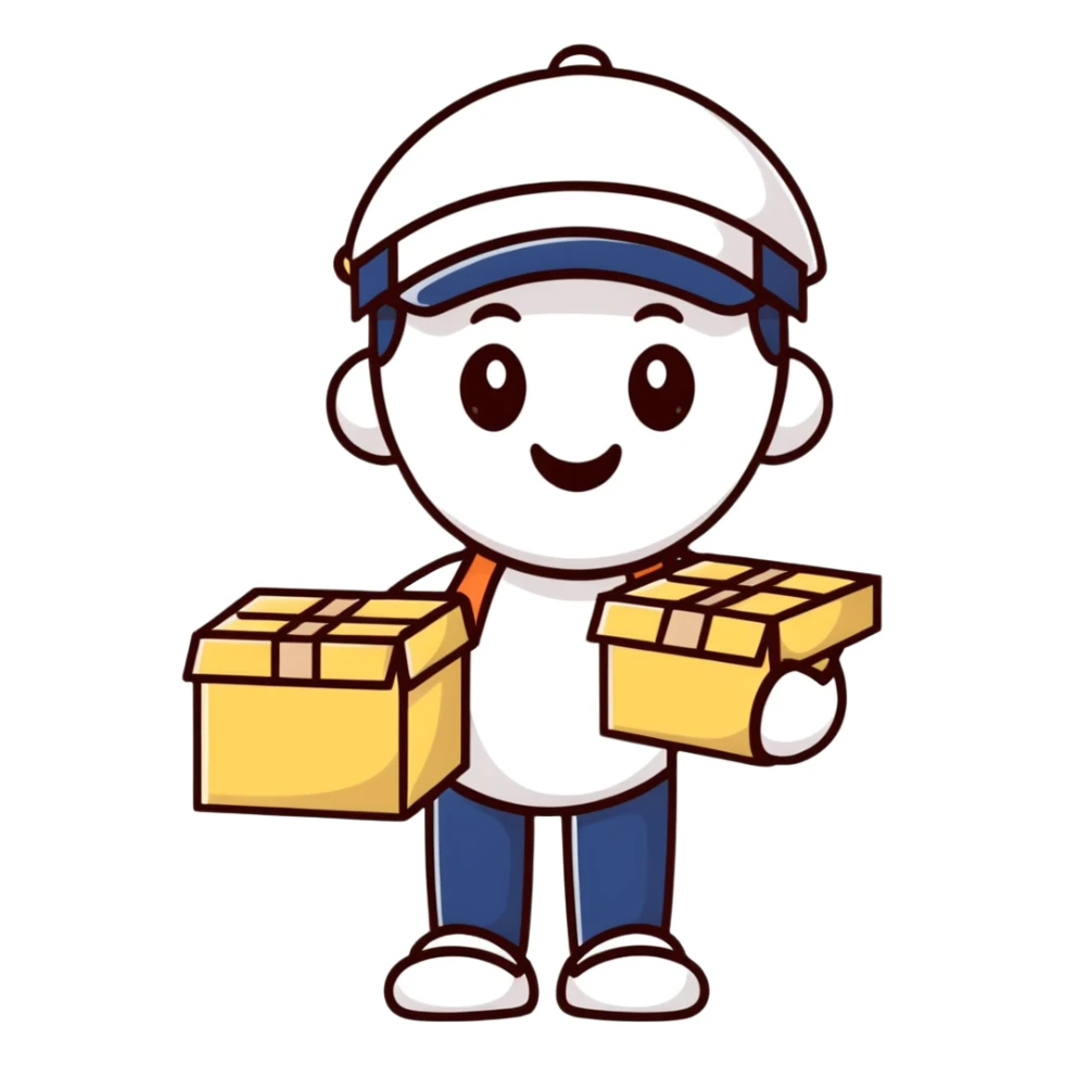 A cheerful character with delivery boxes and a clipboard, representing a reliable supplier sticker