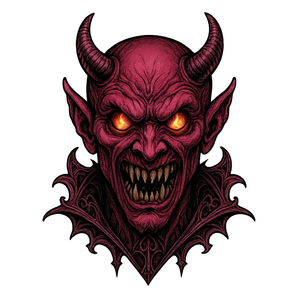 scary pink devil with fiery eyes, sharp teeth, pink skin, gothic details sticker