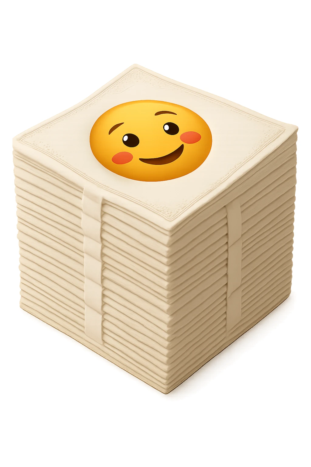 Add a subtle and elegant colored border to the stack of soft white paper napkins. Maintain soft lighting and subtle shadows. The background should be transparent with no background visible. sticker