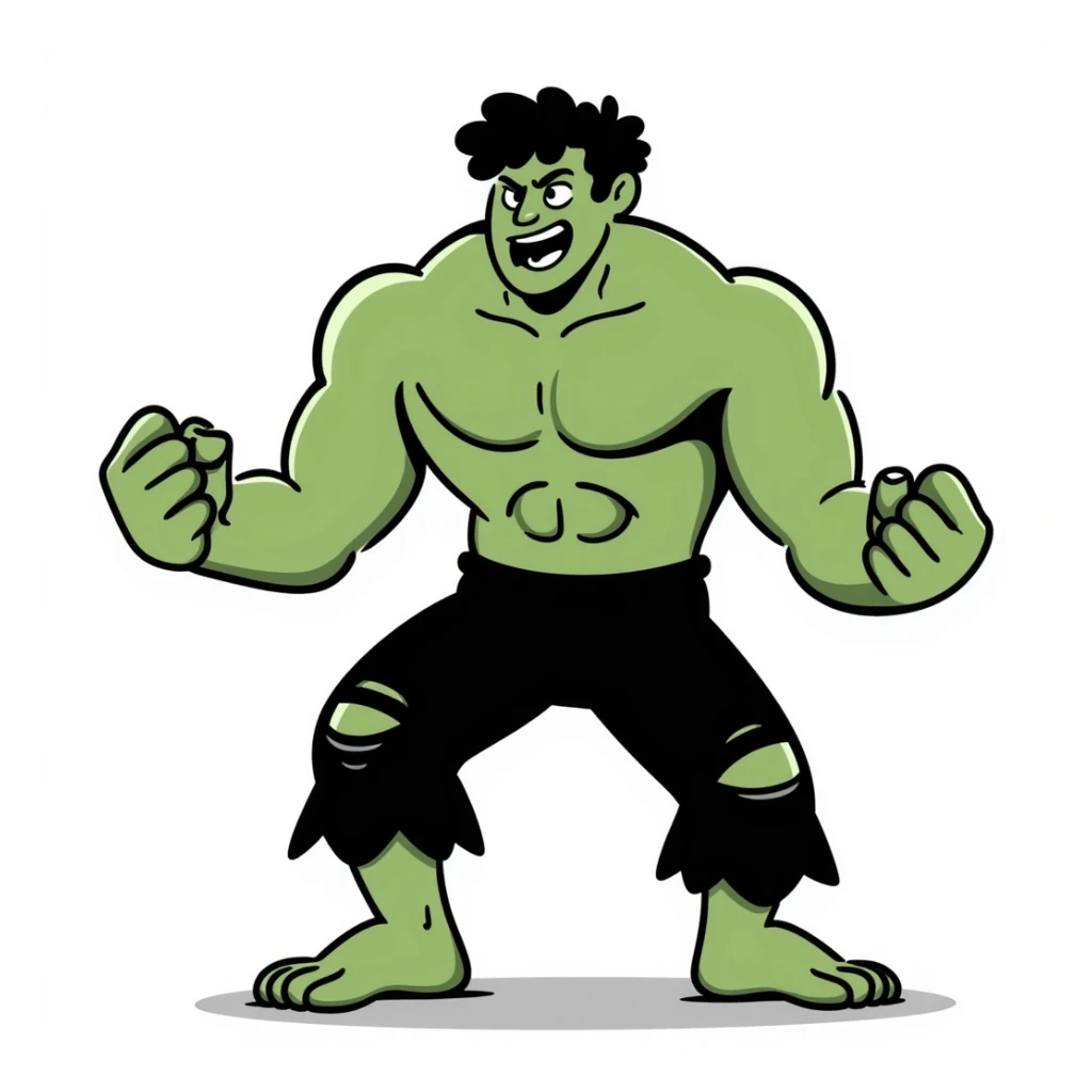 the Hulk, muscular green superhero, dynamic pose, hand-drawn doodle style sticker
