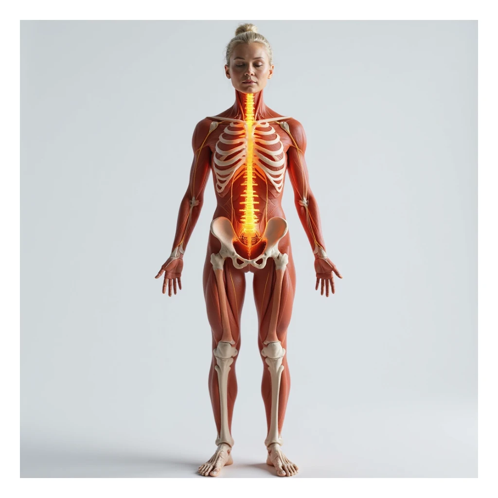 hyperrealistic 4K anatomical frontal view of a woman, highlighting the sciatic nerve path visible through the body, muscles and bones transparent, neutral background sticker