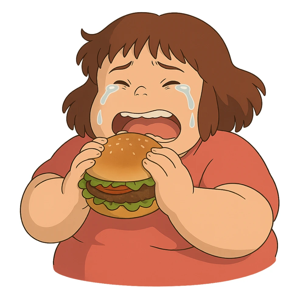 ghibli style fat girl crying and eating a burger sticker