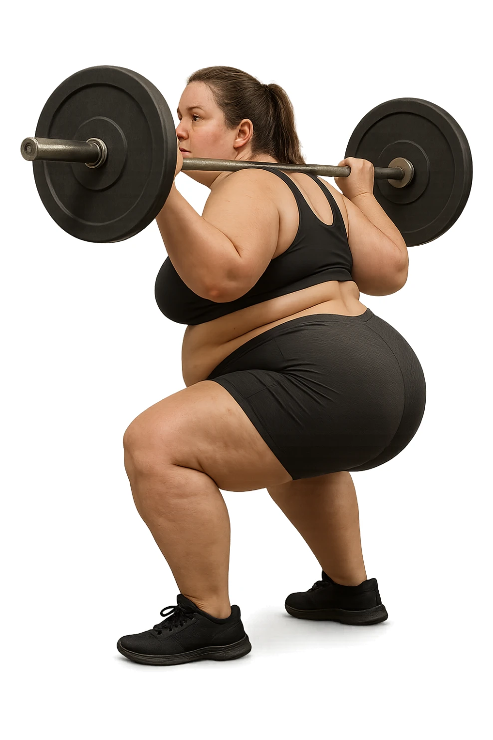 donna leggermente in sovrappeso con lipedema alle gambe che fa uno squat di profilo con bilanciere, IPERREALISTICA 4K sticker