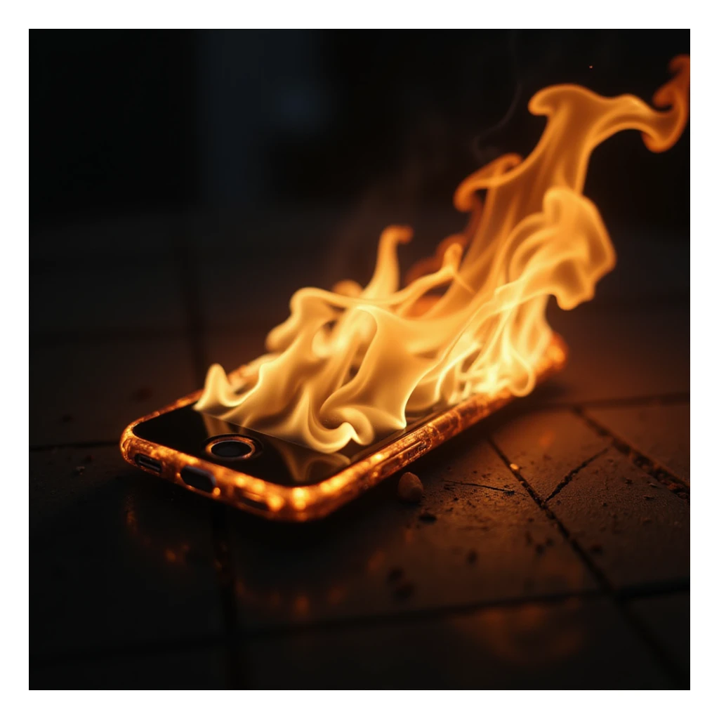 mobile phone on fire, hyper-realistic, close-up, detailed fire and smoke sticker