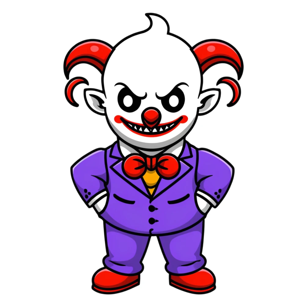 demonic clown wearing a leisure suit, bald with ram horns sticker