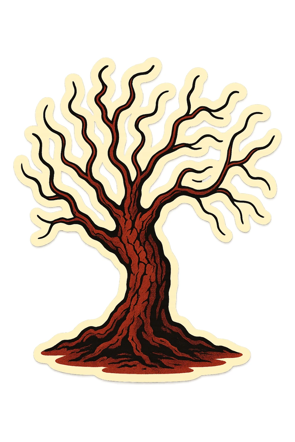 spooky old tree with elegant thin curved branches, combination of brown and red colors, sharp black outlines, clear shadows and highlights, cracked bark, retro stickers style, no gradients, only sharp color transitions sticker