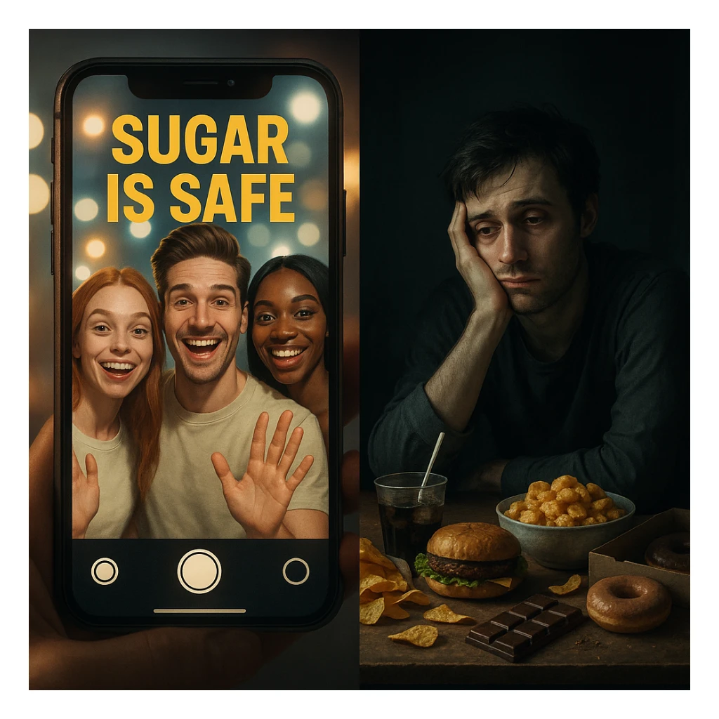symbolic split-screen: smiling influencers on smartphone saying sugar is safe, bright lights and filters; other side lonely tired person surrounded by junk food, muted tones and deep shadows; contrast between social media and reality; cinematic style, 4K quality sticker