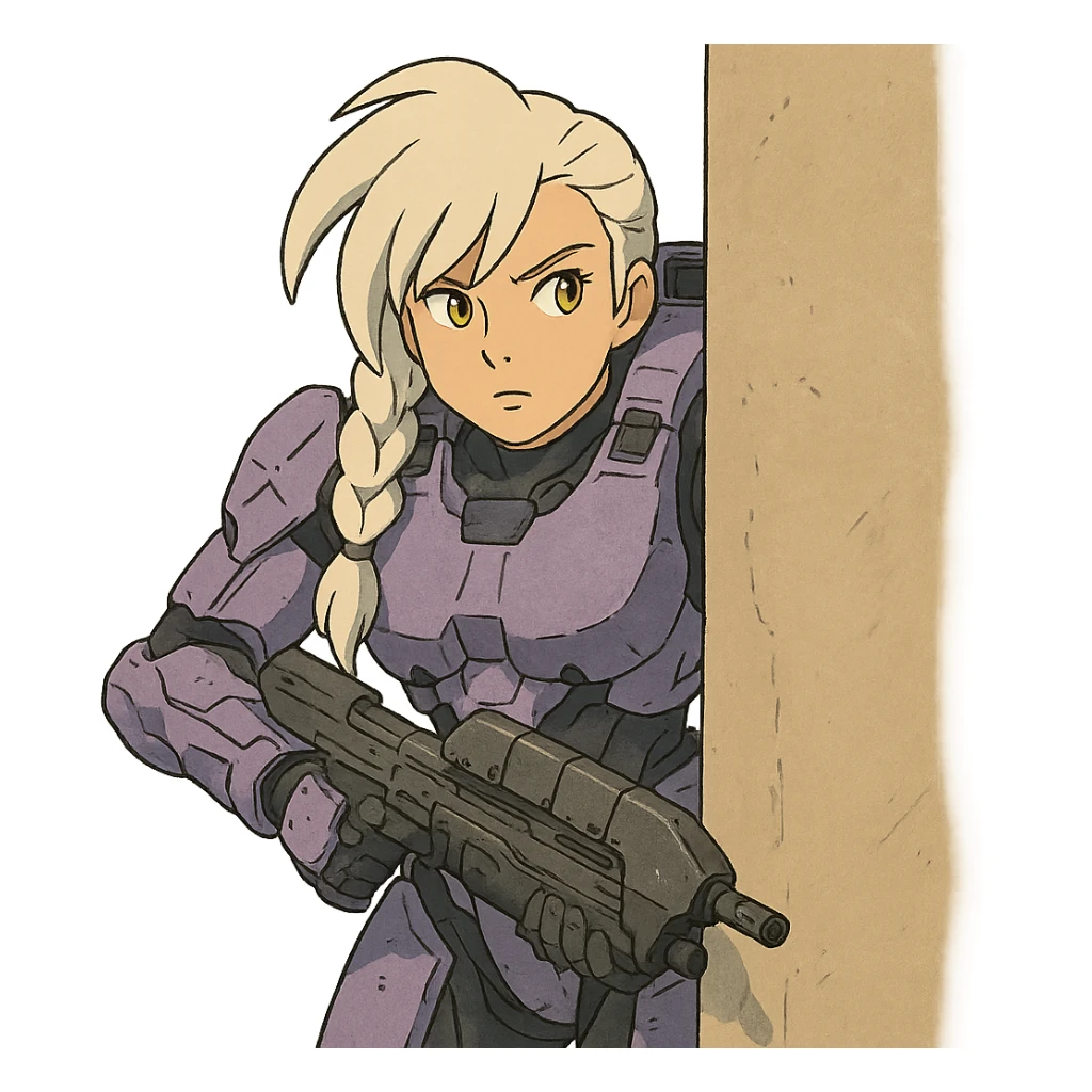 female, wearing reach spartan armor default, long white braid hair with massive messy front side single bangs, gold yellow eyes, attention pose, HALO:series, no helmet, the armor is lavender color scheme, shoulder pad off. DDD bust size fitting. Punk gothic cyberpunk, peeking around a corner wall with a classic halo1 ar sticker