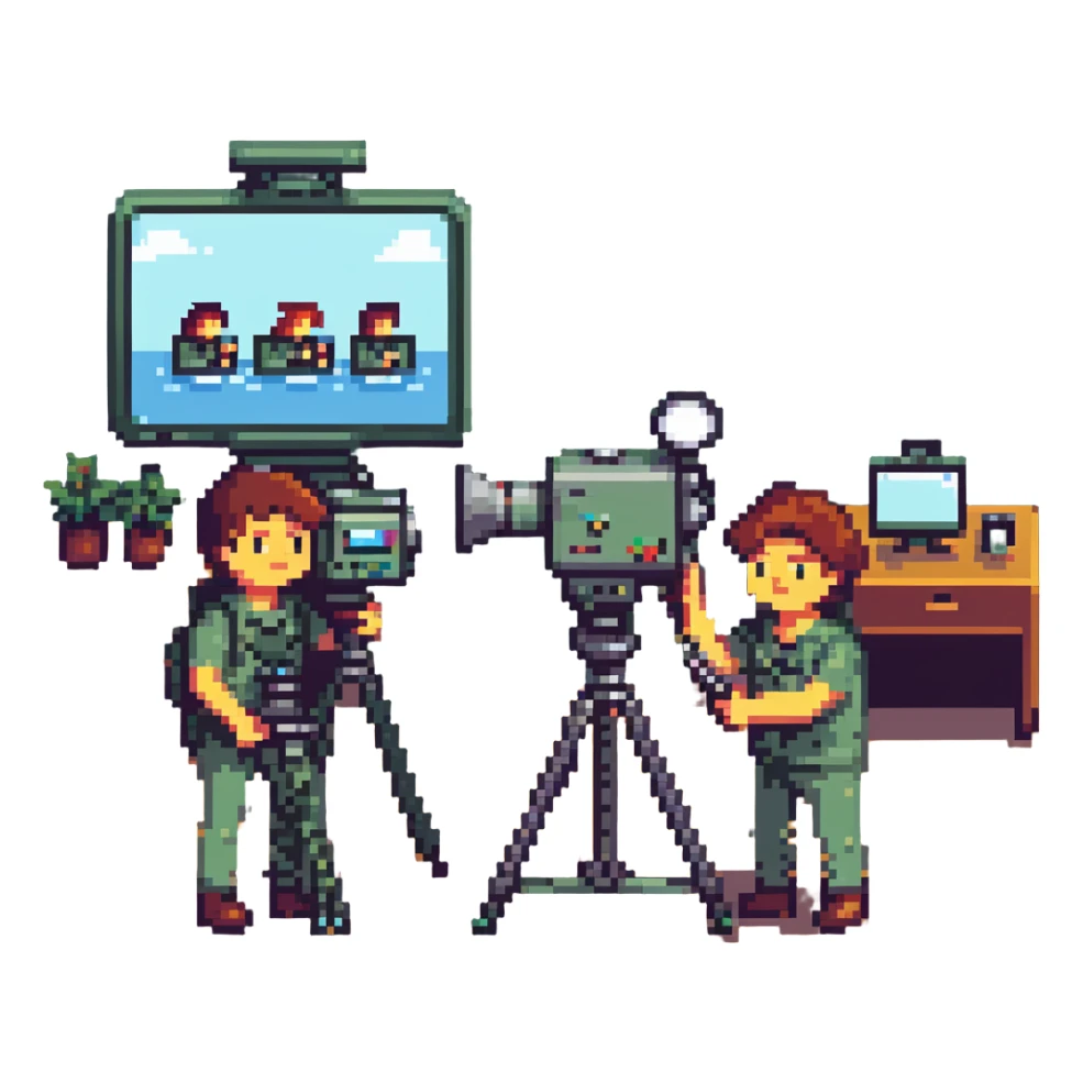 collaboration équipe de tournage with multiple members including caméraman, preneur de son, réalisateur working together around a broadcast camera, dynamic atmosphere, wide shot, team spirit in pixel art style sticker