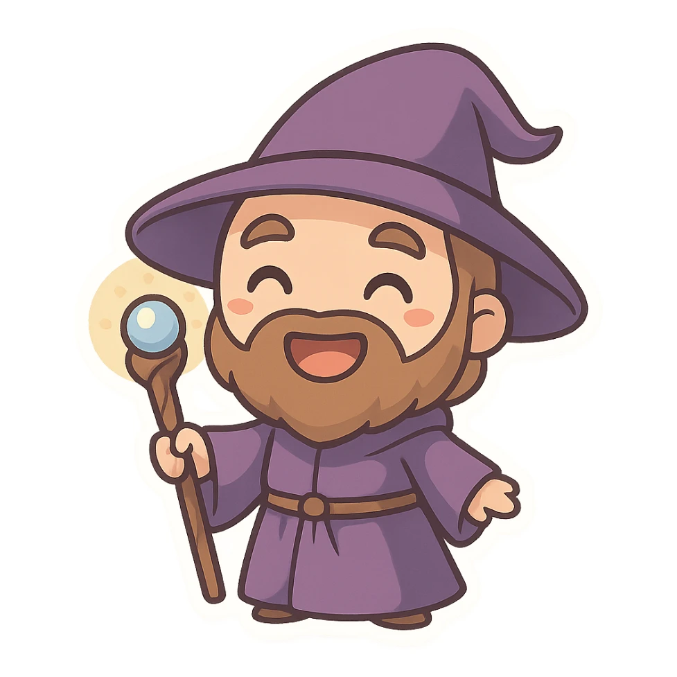 chibi-style wizard with purple robes, magical staff, big happy smile sticker