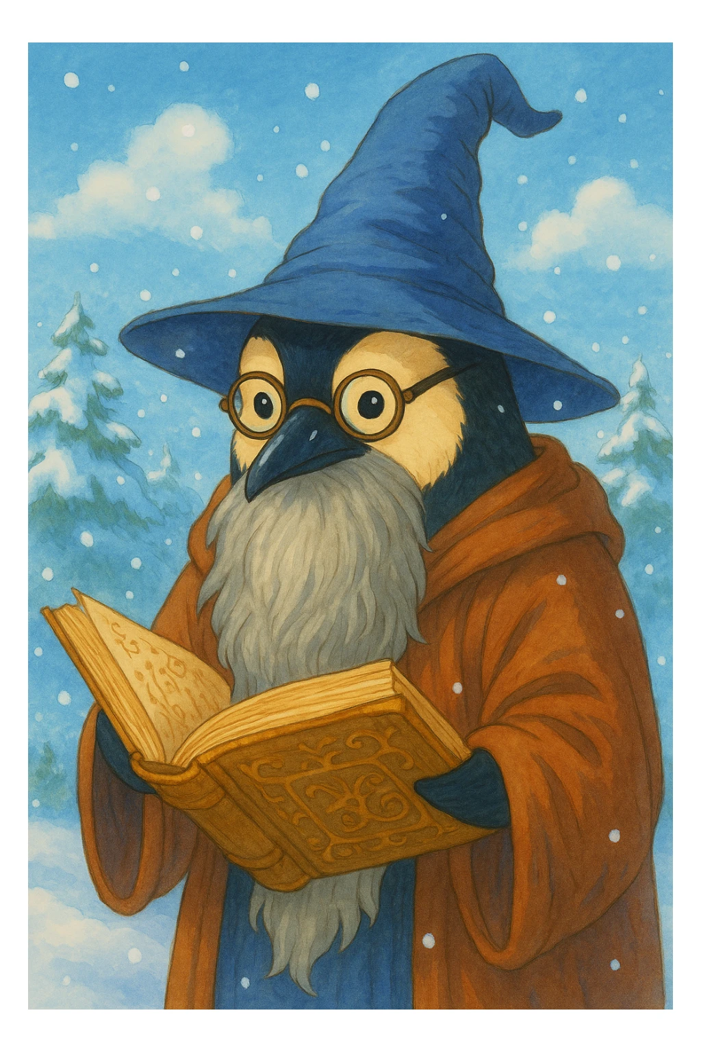 Add a snowy background to the wise penguin wizard with glasses, a long beard, and a spellbook, keeping the fantasy illustration ghibli style. sticker