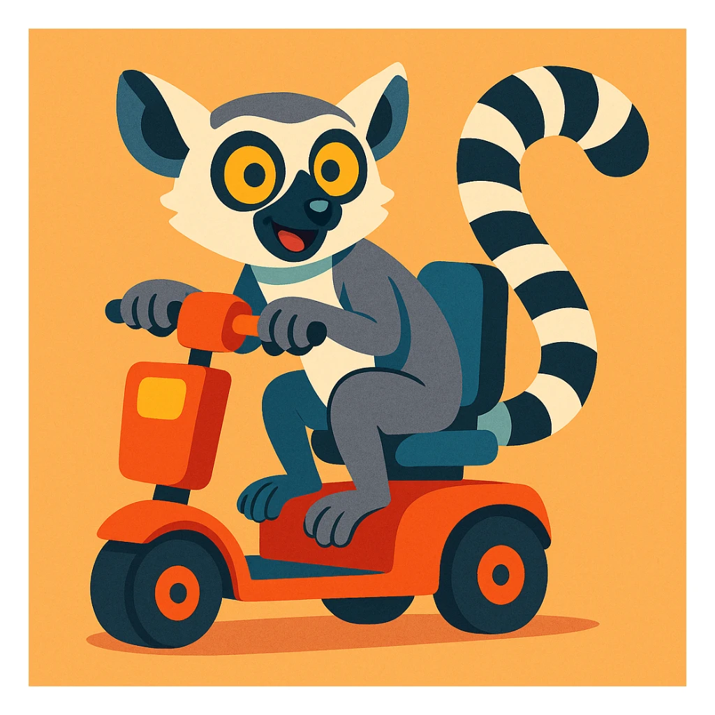 ring tailed lemur riding a mobility scooter, vibrant cartoon style sticker