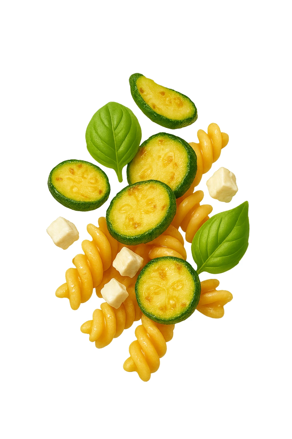 EMOJI STILE IPHONE DI Pasta di riso con zucchine, basilico e feta cade verticalmente, iperrealistica 4k sticker