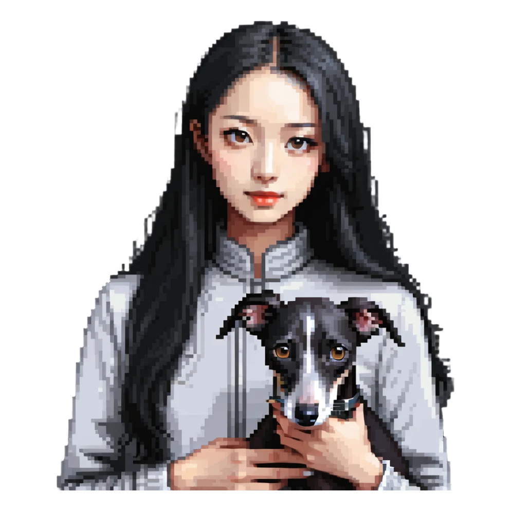 Slim Chinese girl with long black hair and her completely solid grey Italian greyhound in a cozy home setting with a fireplace, no white markings on the dog sticker