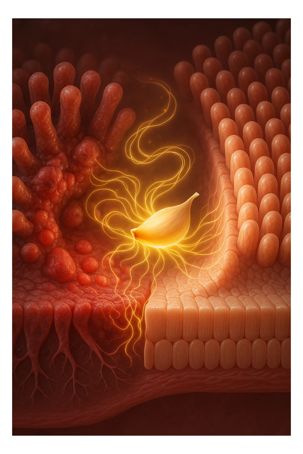 Scientific visualization. A damaged, inflamed section of intestinal lining. A miniature, glowing clove is positioned like a healer, sending out tendrils of golden energy that soothe the inflammation and weave the cellular barrier back together, creating a healthy, sealed surface. sticker