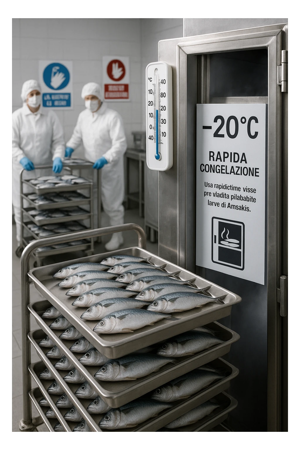 a fish processing facility where freshly caught fish are placed on trays and moved into a large industrial freezer. A temperature gauge shows -20°C, and an educational label explains that rapid freezing (abbattimento) is used to kill Anisakis larvae. The background includes workers in protective clothing and clear signage about food safety. in italiano sticker