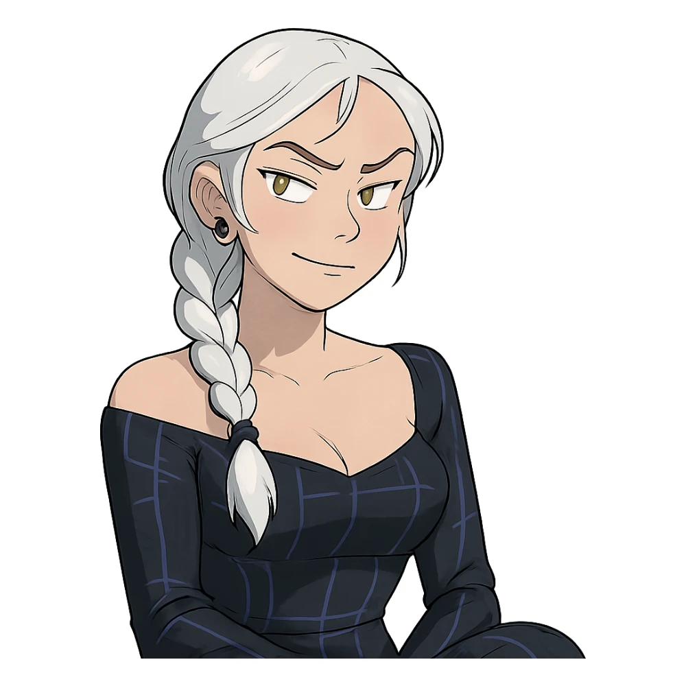  she is making a smug and suspicious facial expression, eyebrows pointed up, a closeup portrait of young woman with gold yellow eyes, white hair, long braid, black off-shoulder top d-cup, punk gothic style, futuristic cyberwave cyberpunk, sitting position
 sticker