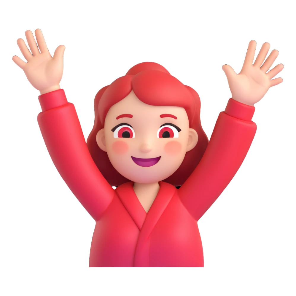 cartoon emoji of someone looking extremely flustered and excited, cheeks red, sparkling eyes, big smile, hands up sticker