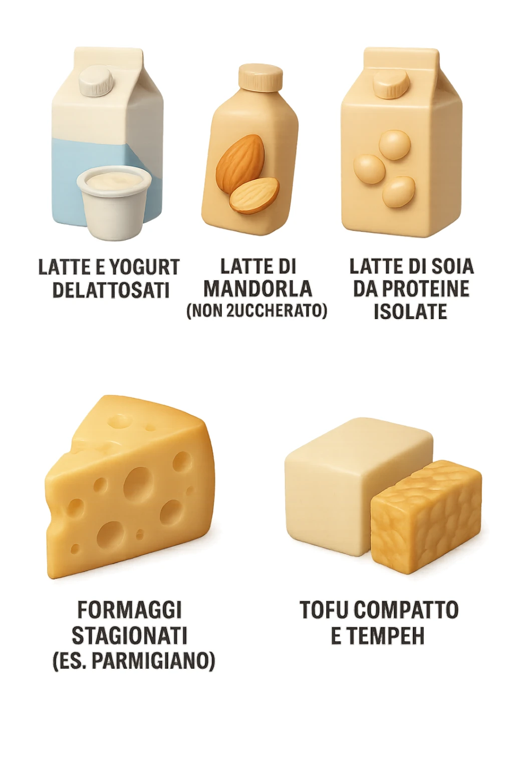 emoji stile iphone 3d di questi elementi che fluttuano in aria:

Latte e yogurt delattosati
Latte di mandorla (non zuccherato)
Latte di soia da proteine isolate
Formaggi stagionati (es. parmigiano)
Tofu compatto e tempeh
 che fluttuano in aria,  le etichette scrivile in italiano, iperealistico 4k sticker