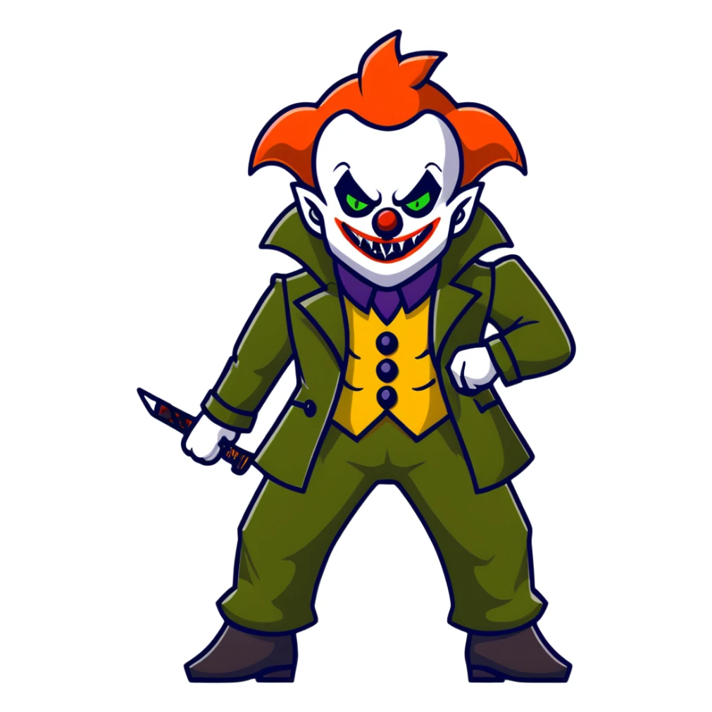evil clown warrior, bald, small black horns on forehead, fangs, pointed ears, eye patch over one eye, long coat over black and military green leisure suit with bellbottom pants, realistically proportioned, less bulky, full body visible, battle-ready fighting posture sticker