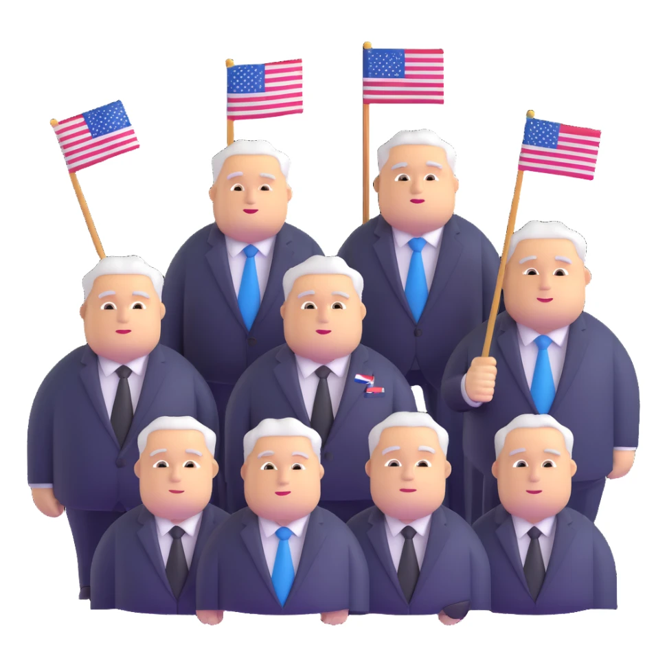 group of fat politicians together wearing suits with flag pins sticker