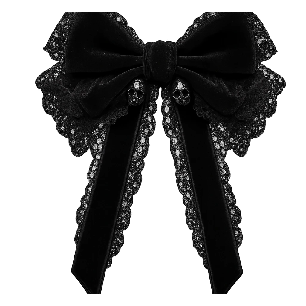 Edit the image to depict a black gothic bow with lace details, dark black accents, tiny skull charms, and black velvet ribbons. The background should be removed. Maintain a gothic style with intricate lace and velvet textures, emphasizing the dark and elegant aesthetic. sticker