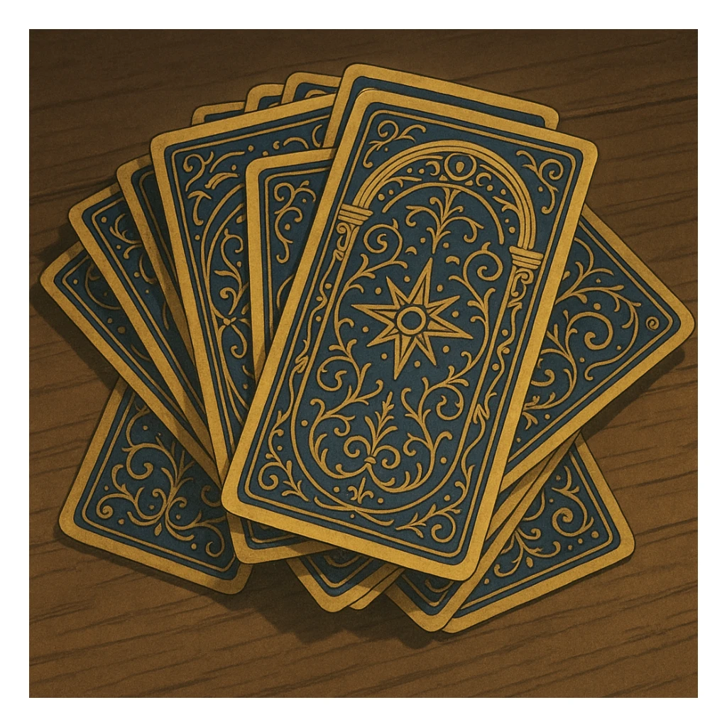 tarot card deck with ornate, intricate backs, gold and deep blue color palette, cards fanned out, mystical and elegant sticker