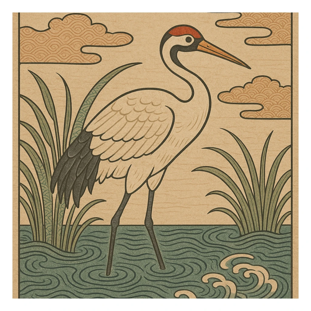 ukiyo-e style illustration of a crane bird standing in water sticker