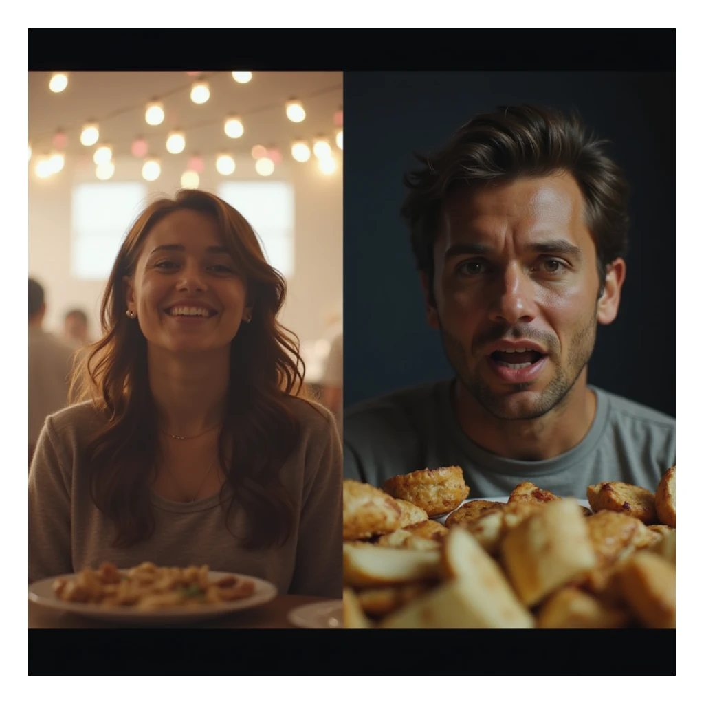 realistic split-screen scene: left side shows cheerful and energetic influencers saying sugar is safe, vivid lights; right side shows a real person with signs of inflammation and tiredness, surrounded by junk food, dark environment; contrast between misinformation and reality, 4K quality sticker
