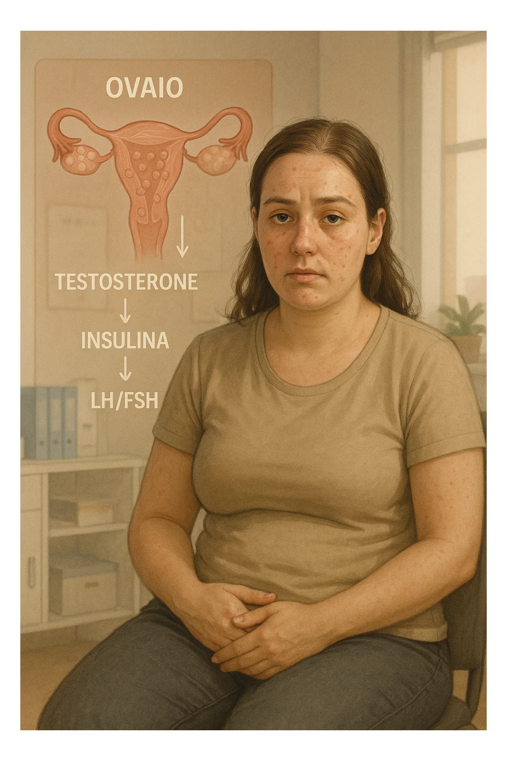 Donna tra i 25 e i 35 anni, con espressione stanca ma determinata, seduta in uno studio medico o nella sua stanza, con mani sul basso ventre. Sullo sfondo un diagramma trasparente o fluttuante di ovaie con cisti multiple, ormoni stilizzati in disequilibrio (testosterone, insulina, LH/FSH). Leggeri segni visivi di sintomi tipici: acne sul viso, lieve aumento di peso, capelli leggermente diradati in zona frontale. Ambiente realistico ma con elementi educativi e simbolici. Toni tenui ma caldi, stile empatico e informativo. in italiano sticker