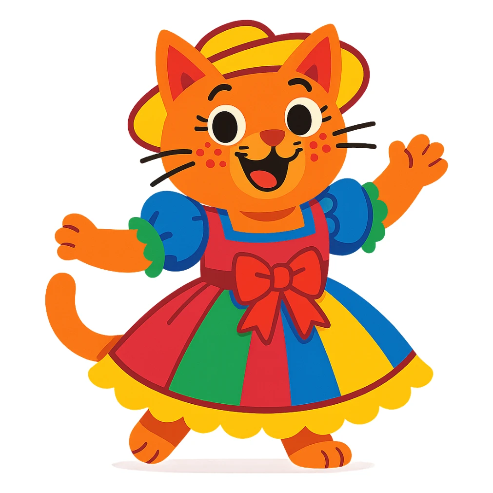 cat wearing festa junina dress, with dotted makeup, cheerful, colorful sticker