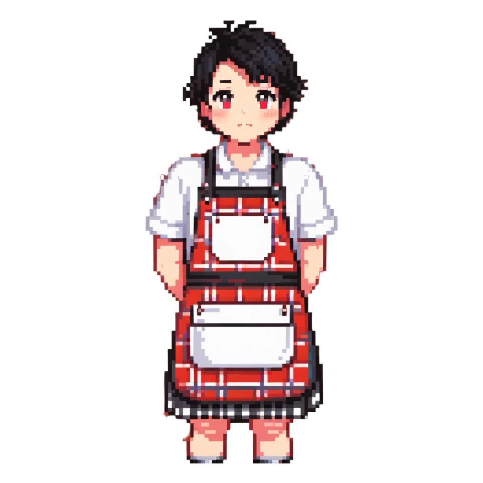 chubby boy with black hair styled upward in front, wearing a red and white checkered plaid apron sticker
