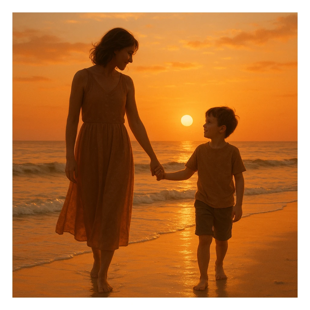 A mother and son walking hand in hand at the beach during sunset, warm colors, peaceful atmosphere sticker