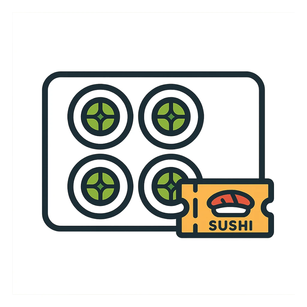 simple horizontal card with four cucumber sushi rolls (kappa maki), sushi voucher ticket, clean design, minimal style, modern icon style sticker