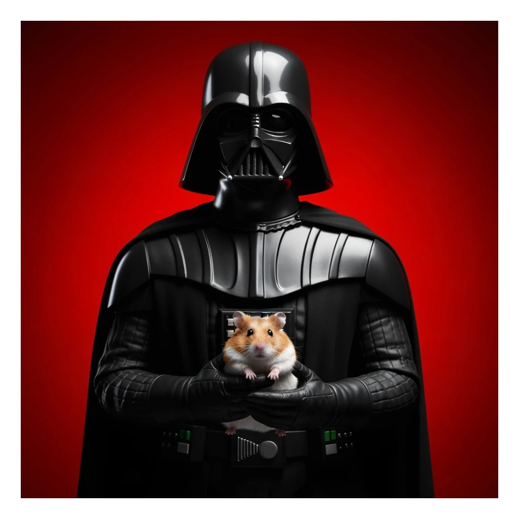 Closeup Photo of a darth vader holding big hamster, low key light, red solid background with leading lines, back light, spot light sticker