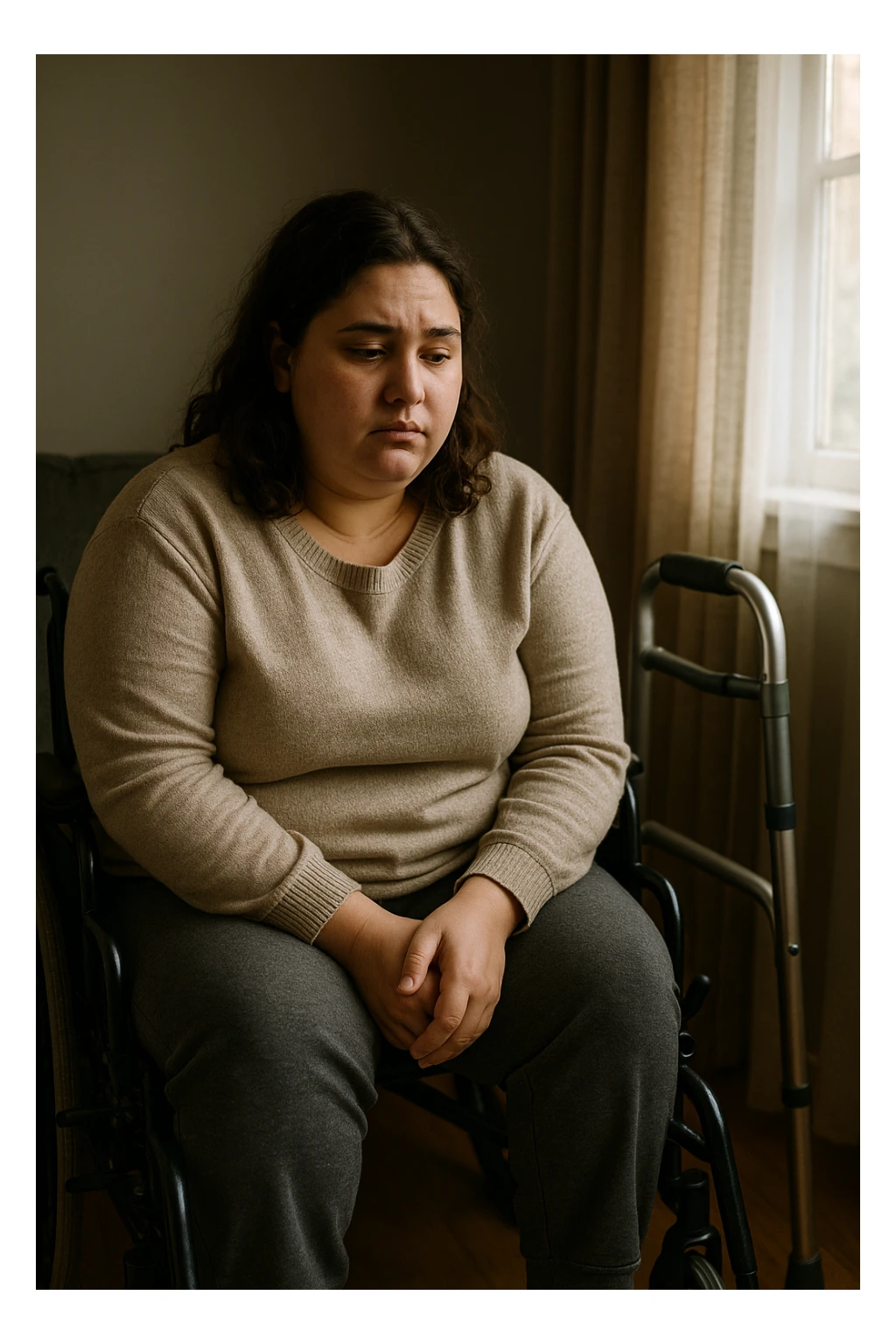 Donna con problemi difficoltà  nella mobilità che si isola a causa della sua PCOS, immagine realistica sticker